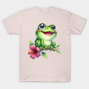 Cute Tree Frog And Hibiscus Flower T-Shirt